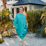 Teal Satin Drape One Shoulder Maxi
