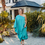 Teal Satin Drape One Shoulder Maxi