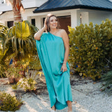 Teal Satin Drape One Shoulder Maxi