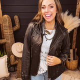 Chocolate Faux Leather Jacket with Pleated Waist