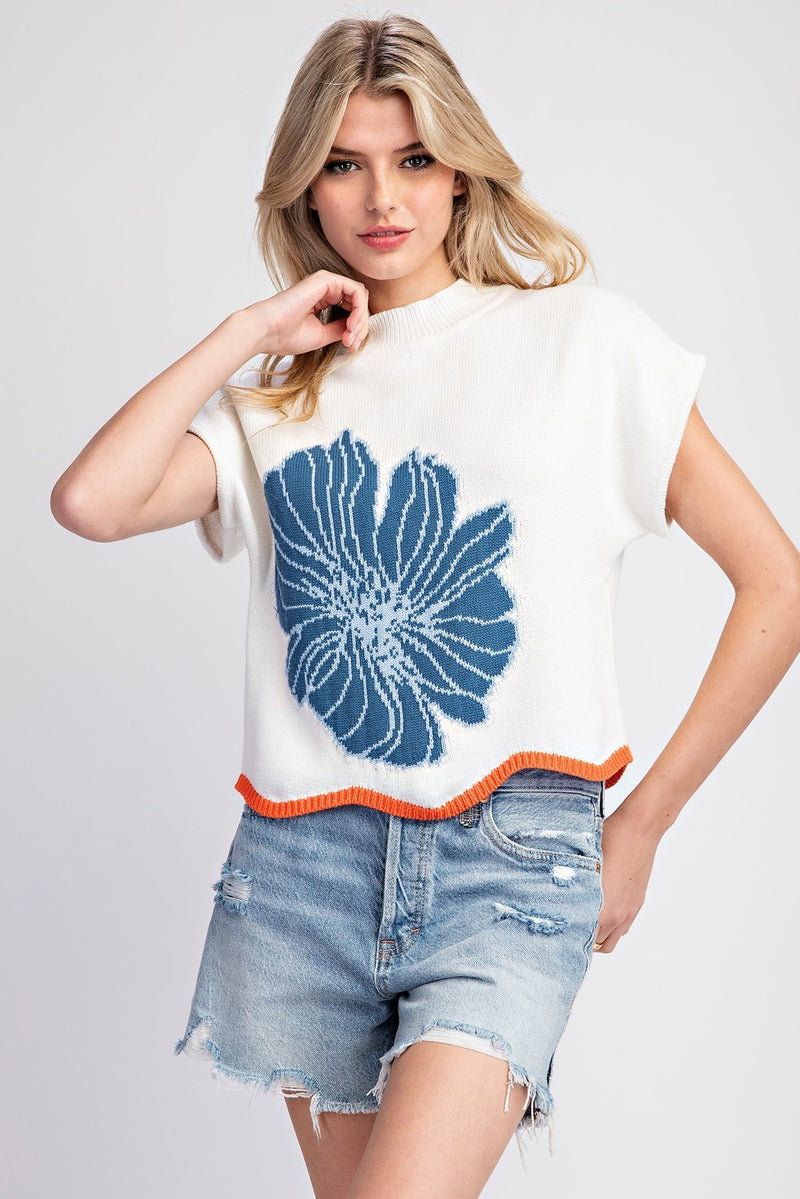 Lovelo Cherry Blossom Scallop Trim Relaxed Sweater