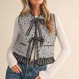 Navy Quilted Ruffle Trim Vest with Stripe Contrast