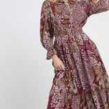 Merlot Mix Print Midi Dress with Flutter Hem