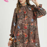 Brown Leo + Floral Mix Print A Line Dress