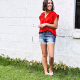 Red Satin V Neck Woven Top