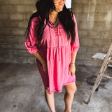 Bubble Pink Linen Red Embroidered Dress
