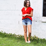 Red Satin V Neck Woven Top