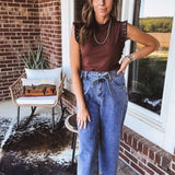 2 Button Waistband Denim Wash Pants with Self Tie