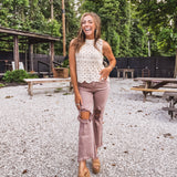 Mauve High Rise Straight Knee Distressed Denim