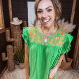 Apple Green Rust Embroidered Flutter Sleeve Top