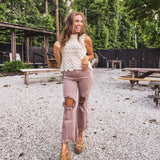 Mauve High Rise Straight Knee Distressed Denim