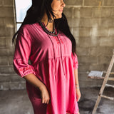 Bubble Pink Linen Red Embroidered Dress