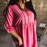 Bubble Pink Linen Red Embroidered Dress