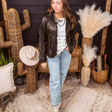 Chocolate Faux Leather Jacket with Pleated Waist