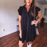 Black Flutter Sleeve Collared Tiered Dress