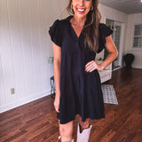 Black Flutter Sleeve Collared Tiered Dress