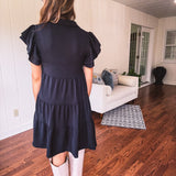 Black Flutter Sleeve Collared Tiered Dress