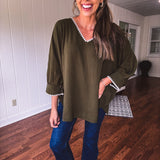 Olive Threaded Round Hem Dolman