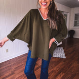 Olive Threaded Round Hem Dolman