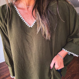Olive Threaded Round Hem Dolman