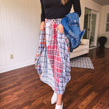 Blue Washed Plaid Midi Bubble Skirt