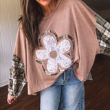 Mocha Patchwork Flower Balloon Sleeve Top