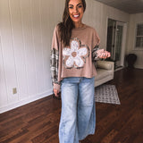 Mocha Patchwork Flower Balloon Sleeve Top
