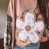 Mocha Patchwork Flower Balloon Sleeve Top
