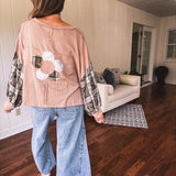 Mocha Patchwork Flower Balloon Sleeve Top