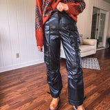 Black Faux Leather Cargo Pant