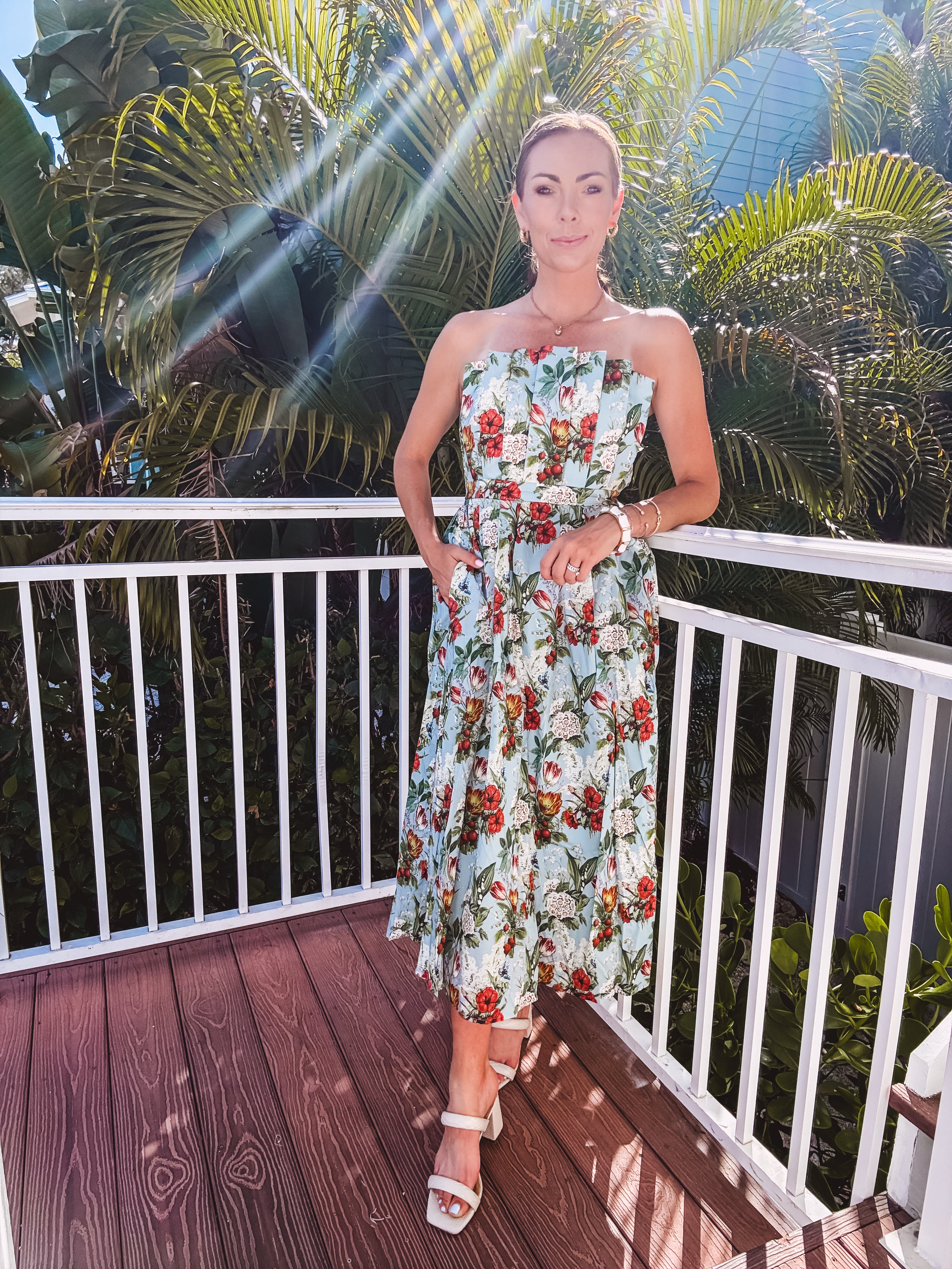 Dusty Blue Goddess Botanical Pleated Strapless Midi Dress