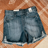 Dark Wash Pull On Fray Hem Shorts