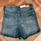 Dark Wash Pull On Fray Hem Shorts