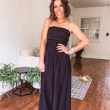Black Pleated Bodice Strapless Midi Dress