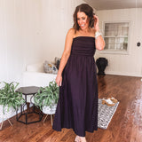 Black Pleated Bodice Strapless Midi Dress