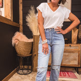 Light Denim High Rise Mom Jean with Knee Tears