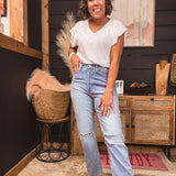 Light Denim High Rise Mom Jean with Knee Tears