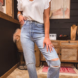 Light Denim High Rise Mom Jean with Knee Tears