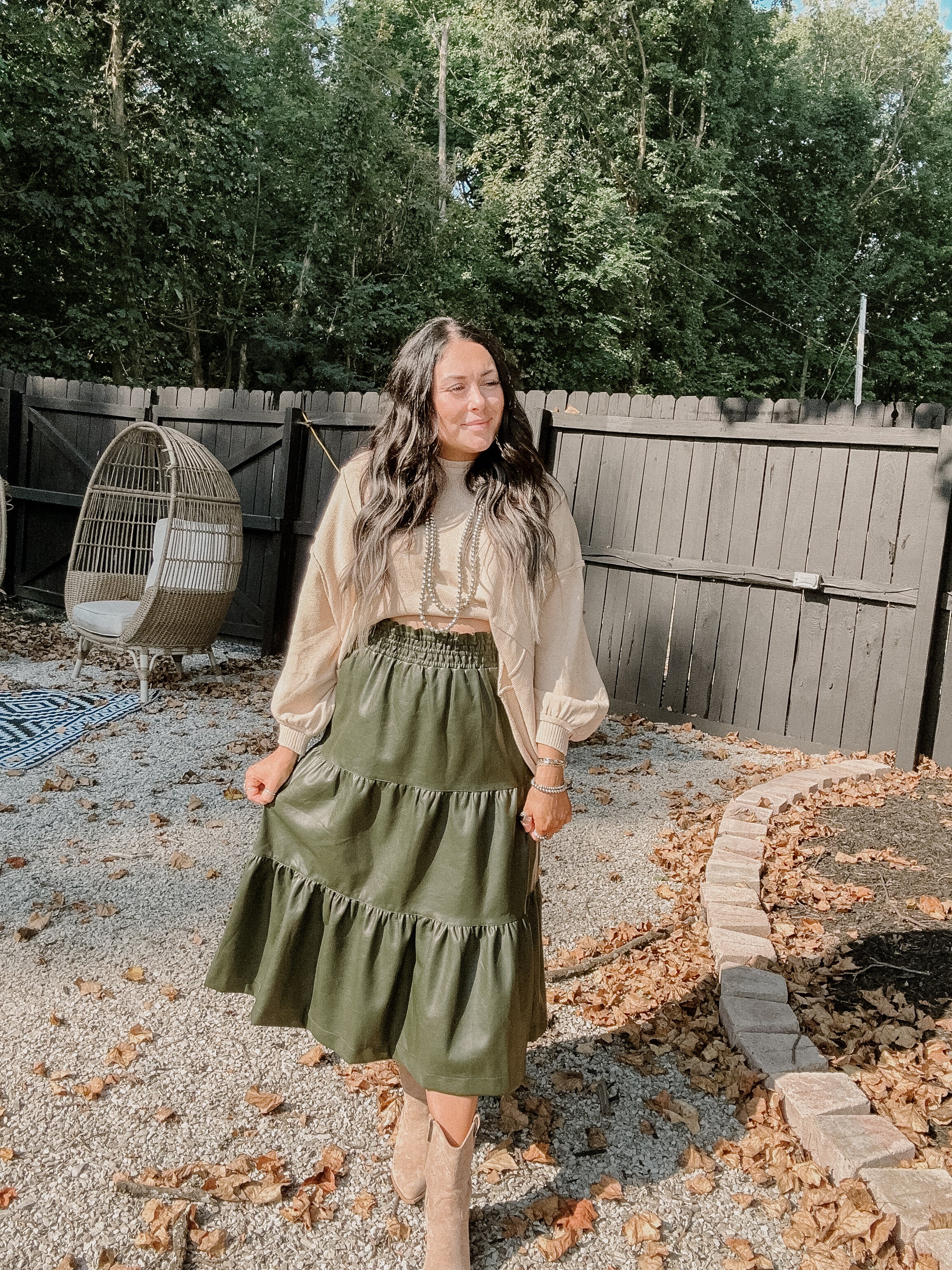 Olive Faux Leather Tiered Midi Skirt – The Red Raccoon