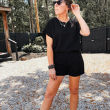Black Texture Drop Shoulder Round Neck Top