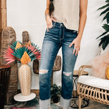 Dark Wash Mid Rise 4" Cuff Mini Destroy Straight (Tall)
