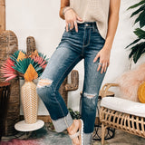 Dark Wash Mid Rise 4" Cuff Mini Destroy Straight (Tall)