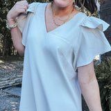 Cream Texture Pearl Accent Flutter Dress