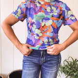 Blue Orange Floral Short Sleeve Mesh