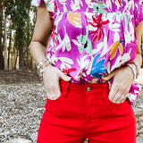 Red Mid Rise Fray Hem Shorts