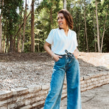 2 Button Waistband Denim Wash Pants with Self Tie