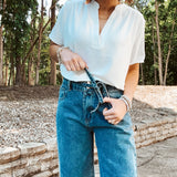 2 Button Waistband Denim Wash Pants with Self Tie