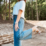 2 Button Waistband Denim Wash Pants with Self Tie