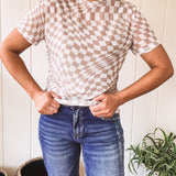 Ivory + Taupe Checker Short Sleeve Mesh