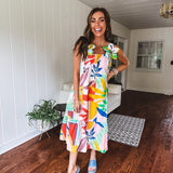 Tropical Print Dress with Flower Strap Detail